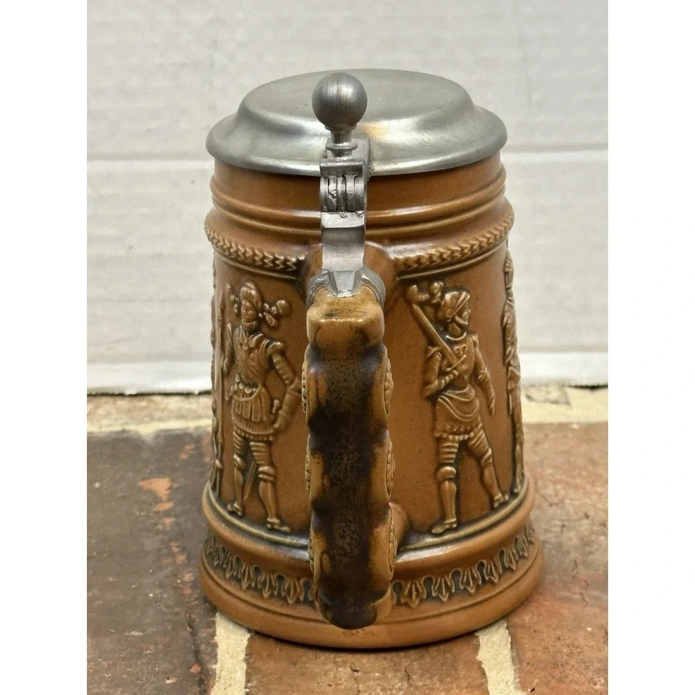 Vintage W. German Gerzit Beer Stein Pewter Hinge Lid Molded Men in Armor Knights